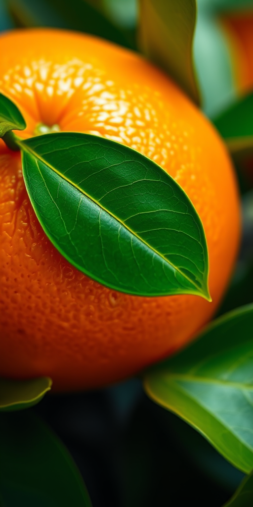 Create a highly detailed and vibrant image of a fresh orange with a green leaf, using a Canon EOS R5 camera, 50mm lens, f/1.8 aperture, ISO 100, natural lighting, and a shallow depth of field to enhance the texture and color.