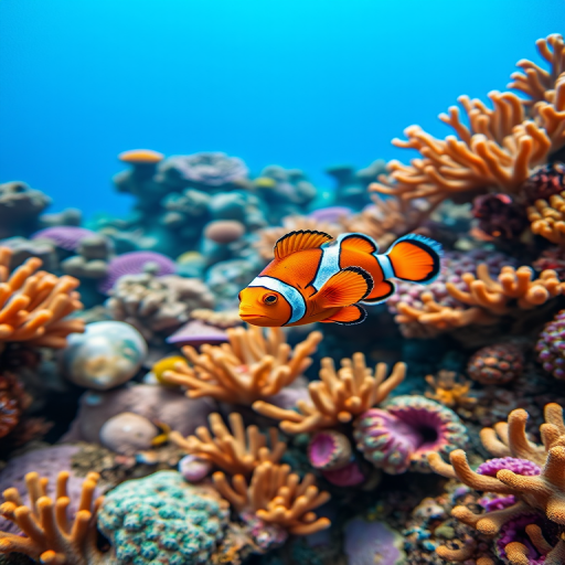 Underwater scene of colorful coral reefs with a clownfish, macro lens, aperture f/2.8, ISO 200, shutter speed 1/125 sec, wide-angle view, DSLR camera, vibrant colors and high detail.