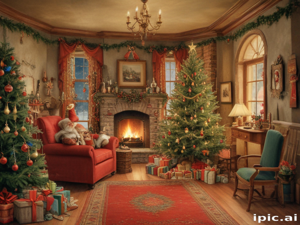 Cozy Christmas Living Room with Decorated Tree and Warm Fireplace