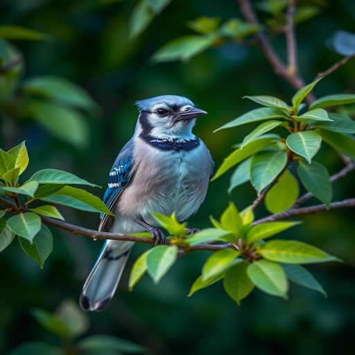 Capture a high-resolution image of a blue jay perched on a branch, surrounded by lush green leaves, using a DSLR camera, 70mm focal length, aperture f/2.8, ISO 200, with a shallow depth of field for a blurry background effect.