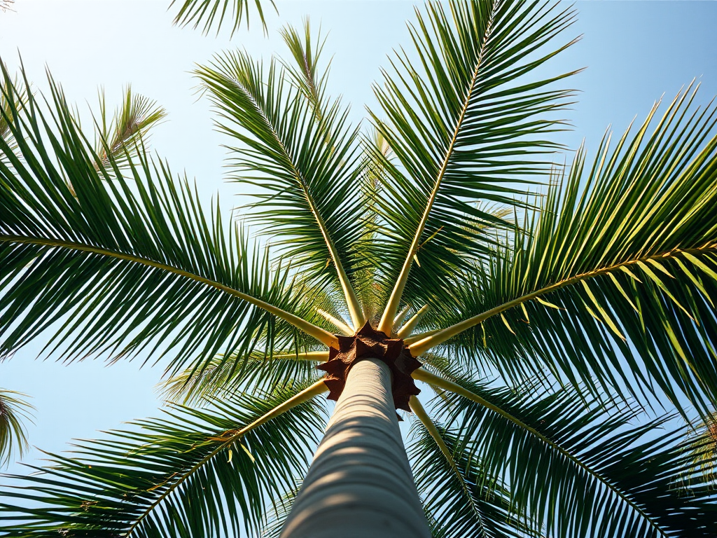 Create a highly detailed illustration of a green palm tree viewed from a low angle with soft lighting, using a 50mm lens, f/2.8 aperture, ISO 100, and a resolution of 300 DPI.