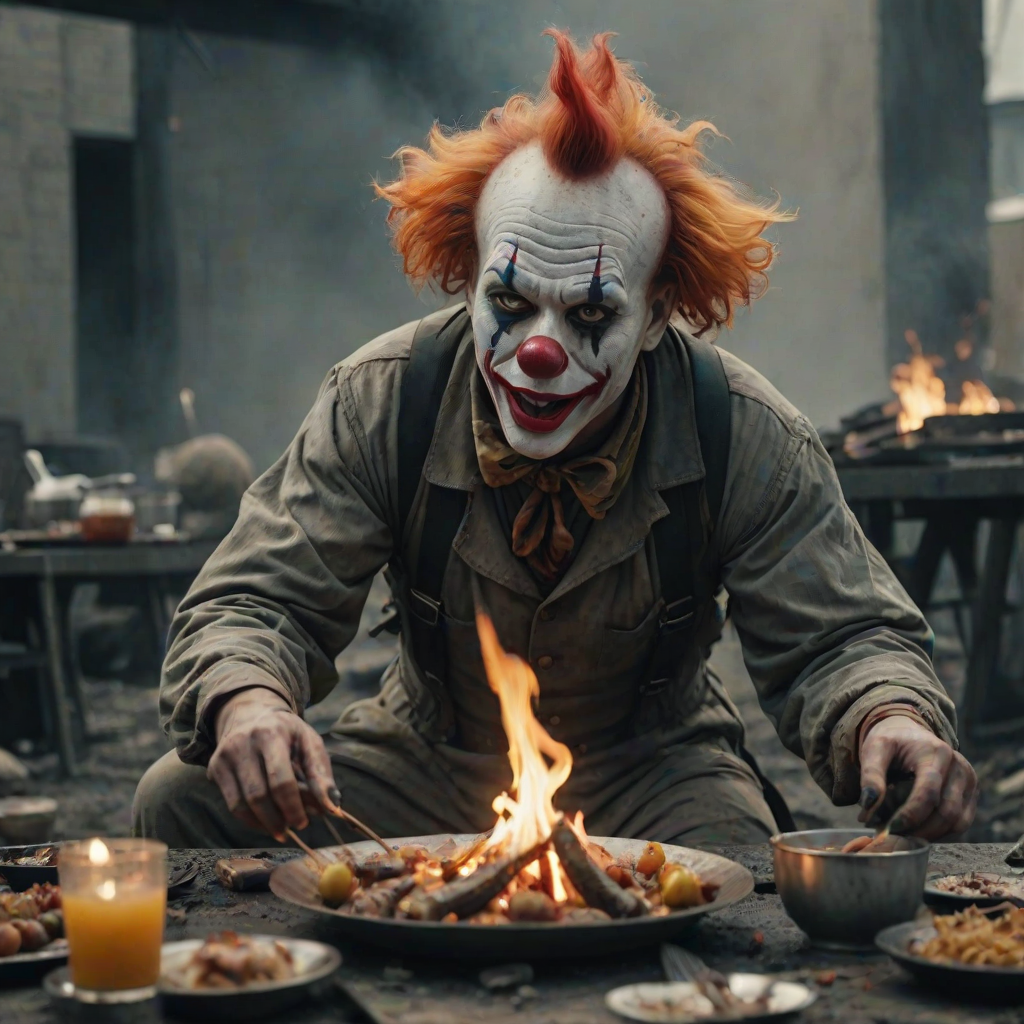 (cinematic, full body shot, clown, setting in dinner, realistic skin, natural features, Phantom High Speed Camera, style raw) ,looking to the viewers, mudapocalyptic, goggles, fire.
