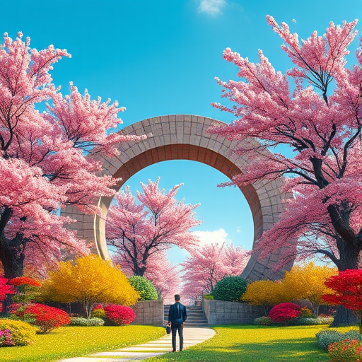 create a vibrant fantasy landscape with a large circular stone archway surrounded by cherry blossom trees and colorful foliage under a clear blue sky, with a figure standing in the foreground, using a Canon EOS R5, 35mm lens, f/8 aperture, ISO 100, soft lighting and high dynamic range to enhance image quality