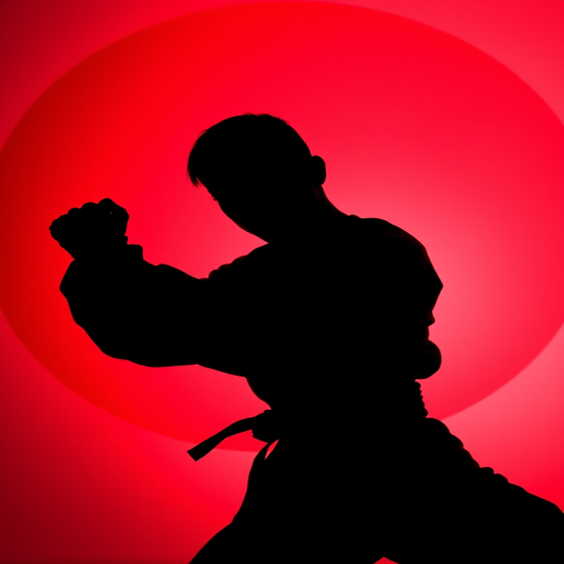 A silhouette of a martial artist in a dynamic pose against a bold red circle background, captured with a DSLR camera at f/2.8, ISO 100, 1/500s, in a portrait view, using a wide-angle lens for dramatic perspective.