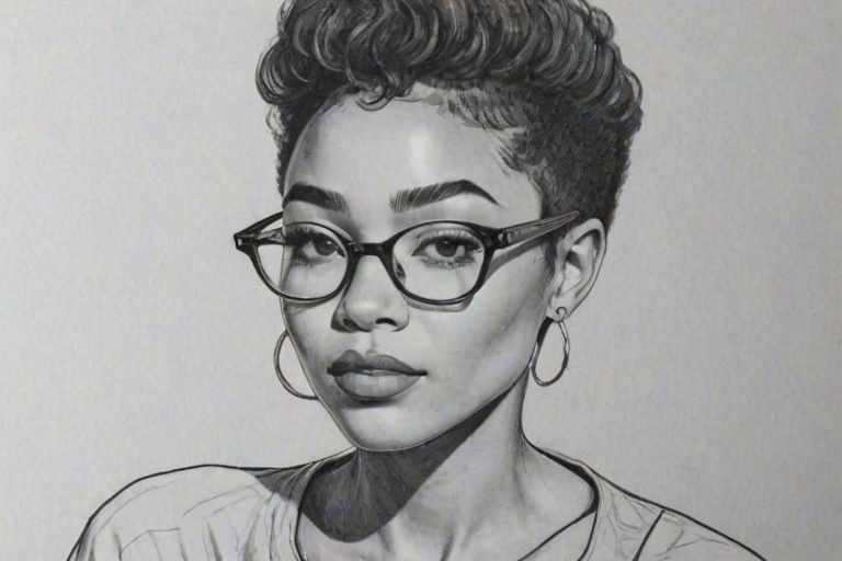 Beauteous Tati Gabrielle, pencil sketch, portrait of Stunning woman 1959s in glasses, hair style beatnik, outline, clear lines, fine lines, 8k