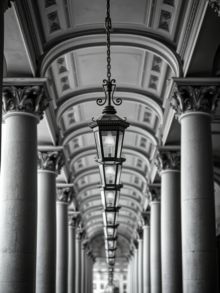 Create a high-resolution black and white image of lined street lamps hanging from a ceiling with ornate architectural columns, using a Canon EOS R5 with a 24mm f/1.4 lens, aperture at f/8, ISO 100, and a focal length of 24mm, taken from a low angle perspective to emphasize depth and symmetry.