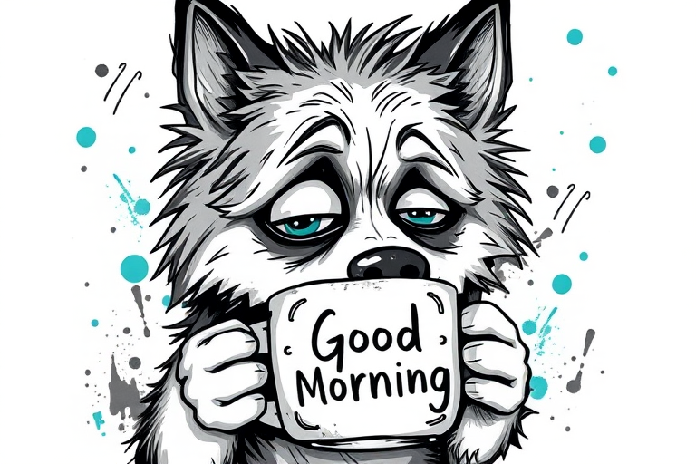A quirky, artistic illustration of a disheveled alaskan irish setsky with exaggerated, large eyes and spiky fur, holding a coffee mug that reads "Good Morning". The dog has a tired but humorous expression, with ink splatters and abstract details surrounding it, giving a whimsical feel to the image. The color palette is mostly monochrome with hints of cyan in the eyes and steam rising from the mug, enhancing the overall sleepy vibe