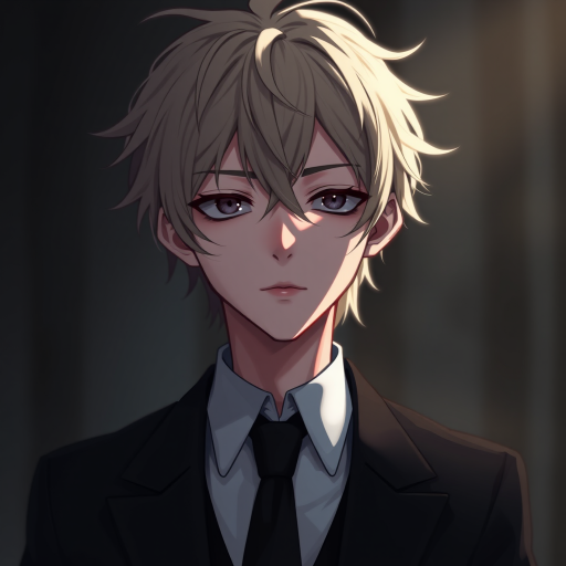 portrait of a character with messy light hair and an expressionless face, wearing a formal black suit and tie, soft lighting, shallow depth of field, 50mm lens, f/1.8, ISO 200, high dynamic range, digital art style