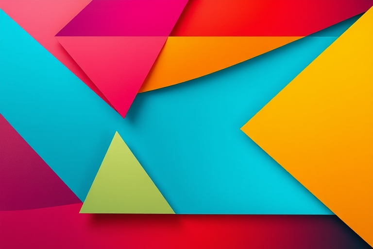 Create a high-resolution abstract design featuring geometric shapes in vibrant colors with a balanced composition taken from a top-down aerial view using a DSLR camera set to f/4 aperture, ISO 100, and a 50mm lens for sharpness and clarity.