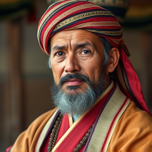 Generate a high-resolution portrait of a historical figure in traditional attire, use a Canon EOS R5 camera with a 50mm f/1.2 lens at ISO 100, aperture f/2.8, shutter speed 1/160s, in natural light with a soft focus background to enhance detail and color vibrancy.
