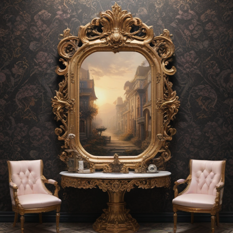 Elegant Vintage Interior Featuring Ornate Mirror and Luxurious Armchairs