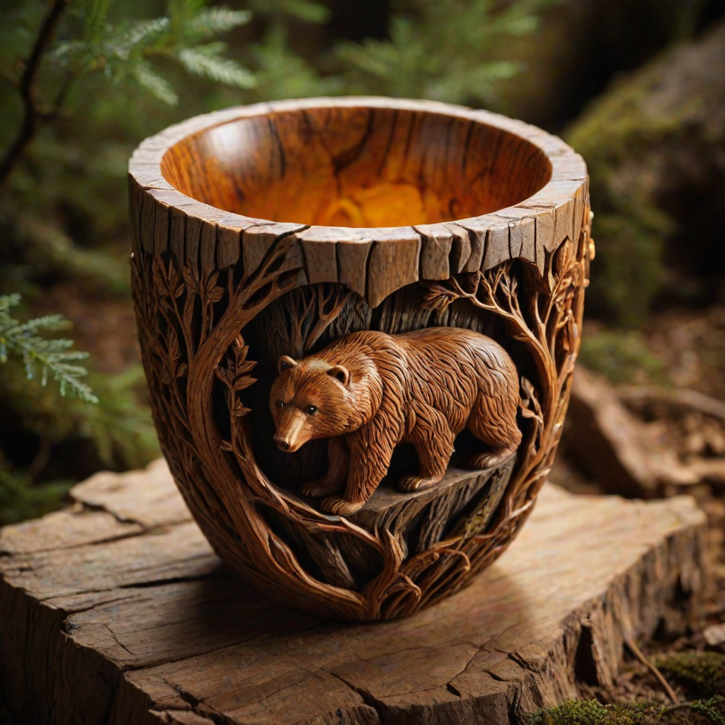 photo of artistic stone cup with 3d carving, bear cave in the forest as carving theme, ornamented by finest wood and amber accents, masterpiece of art, visually stunning, natural daylight, sharp focus,55mm f/ 1. 8 lens, studio light