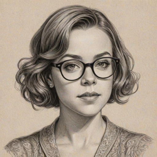Graceful Tina Majorino, pencil sketch, portrait of Resplendent woman 1920s in glasses, hair style beatnik, outline, clear lines, fine lines, 8k
