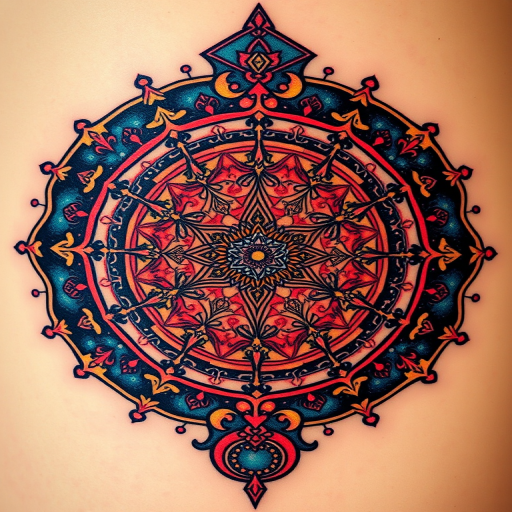 Neotraditional celestial mandala tattoo adorned with intricate constellations, swirling galaxies, and sacred geometry symbols, rendered in rich jewel tones and metallic accents for a mesmerizing three-dimensional effect