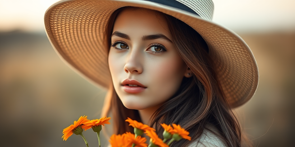 A portrait of a young woman with soft features wearing a wide-brimmed hat, holding orange flowers, with a blurred natural background, taken with a Canon EOS R5, 50mm lens, f/1.8 aperture, ISO 100, soft natural lighting for a dreamy effect.