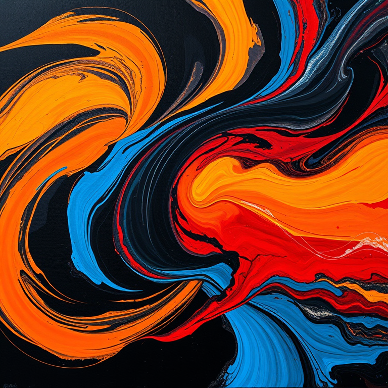 Create an abstract painting with swirling colors of black, orange, blue, and red, emphasizing dynamic movement and bold brush strokes, captured using a DSLR camera with a 50mm lens, f/1.8 aperture, ISO 100, in natural light, with a slight vignette effect to enhance depth.
