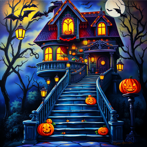 airbrushed oil painting, halloween theme, a haunted house, stairs, highly decorated, illuminated, lanterns, jack o'lantern, bats, webcobs