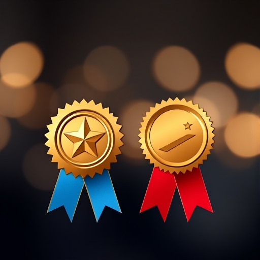 Create a high-quality digital illustration of two award ribbons, one gold with a star in the center and a blue ribbon, and one red ribbon, using soft lighting and a shallow depth of field, shot with a DSLR camera at f/2.8, ISO 100, 50mm lens, in high-resolution format.