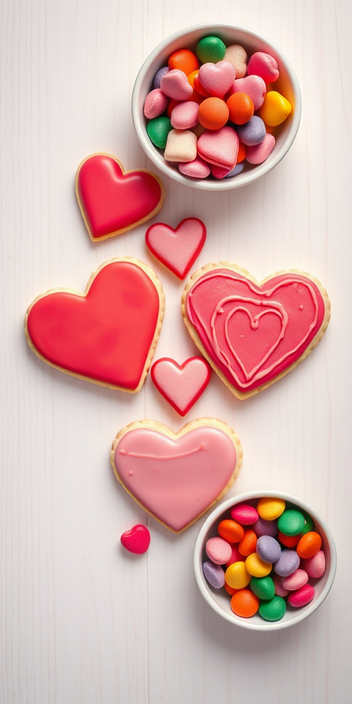 create a romantic flat lay of assorted heart-shaped cookies with vibrant icing and a colorful bowl of candies on a light wooden surface, soft diffused lighting, 50mm lens, aperture f/2.8, ISO 100, top-down view, DSLR camera
