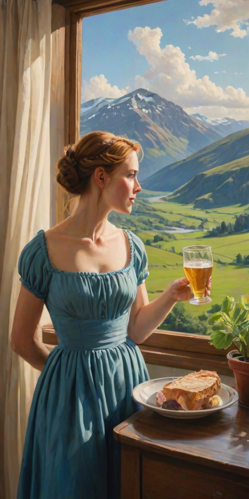 In "A Glass of Beer on the Highland," a serene scene is depicted in a sunlit room where a woman in a vibrant blue dress stands by a large window. She holds a tray with a hearty meal and a frothy glass of beer, embodying a moment of relaxation. Outside, the breathtaking highland landscape features rolling green hills and a charming traditional house, all bathed in warm afternoon light. The interior is adorned with potted plants, creating a harmonious blend of comfort and nature. The painting beautifully captures the tranquility and joy found in simple pleasures amidst stunning scenery