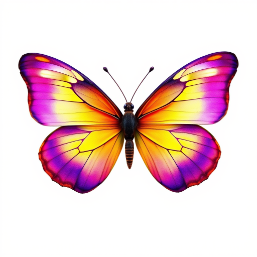 Generate an image of a vibrant butterfly with large wings featuring a gradient of purple and yellow hues. The wings should have intricate patterns and a glossy finish, capturing the beauty and delicacy of the butterfly. The background should be simple and light to emphasize the colors of the butterfly.