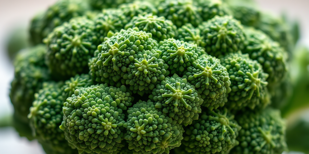 Create a high-resolution illustration of a broccoli bunch with intricate details showcasing the florets and stems, using a DSLR camera with a 105mm macro lens at f/2.8, ISO 100, and a soft-focused background to enhance the broccoli's texture and vibrancy.
