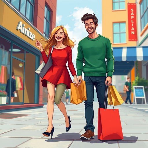 Create a vibrant illustration of a man and woman happily carrying shopping bags in a colorful urban setting, with the woman in a red top and black heels playfully skipping and the man in a green sweater walking beside her, with a storefront in the background, using a digital painting style, 4K resolution, wide-angle view, high dynamic range.