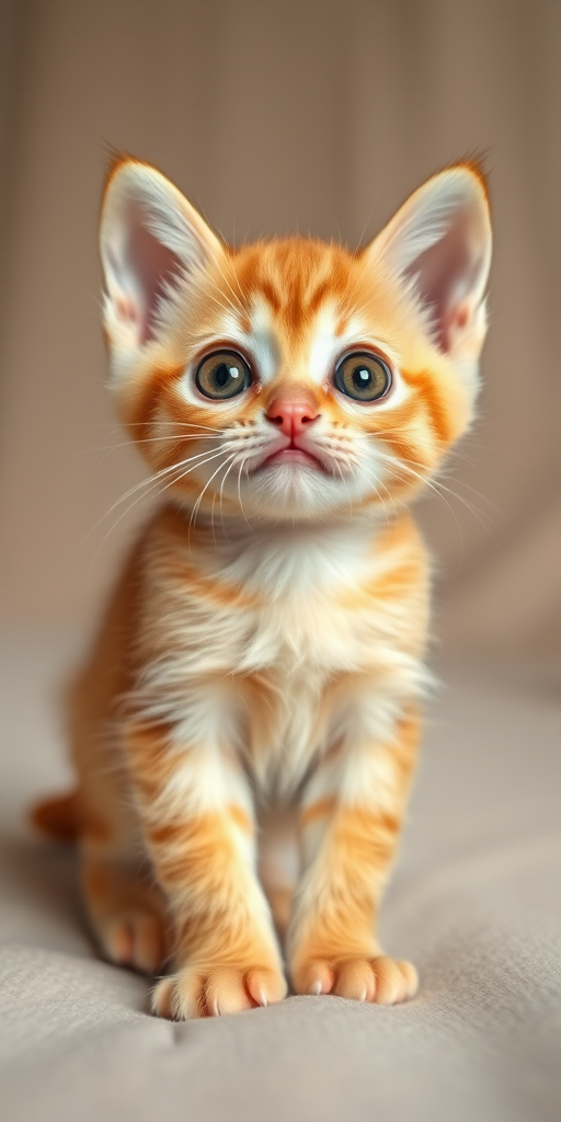 Create an image of a small orange kitten with big expressive eyes standing upright on a soft surface looking curiously at the viewer