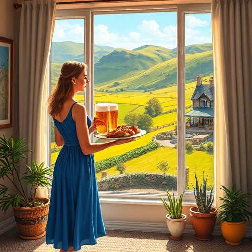 In "A Glass of Beer on the Highland," a serene scene is depicted in a sunlit room where a woman in a vibrant blue dress stands by a large window. She holds a tray with a hearty meal and a frothy glass of beer, embodying a moment of relaxation. Outside, the breathtaking highland landscape features rolling green hills and a charming traditional house, all bathed in warm afternoon light. The interior is adorned with potted plants, creating a harmonious blend of comfort and nature. The painting beautifully captures the tranquility and joy found in simple pleasures amidst stunning scenery