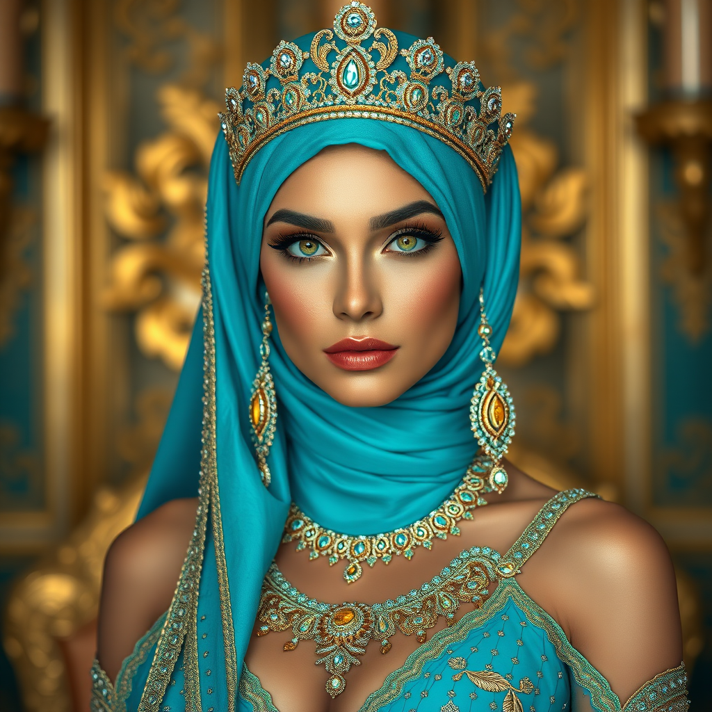 A gorgeous Coptic woman in a luxurious cyan gown, accessorized with a dazzling tiara and statement earrings, her deep Yellow eyes highlighted by impeccable makeup, poised in a royal setting, photorealistic, 8K quality