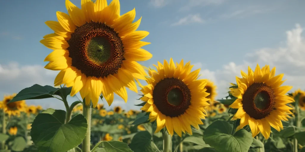Vibrant Sunflowers Blooming Under a Clear Blue Sky in a Field