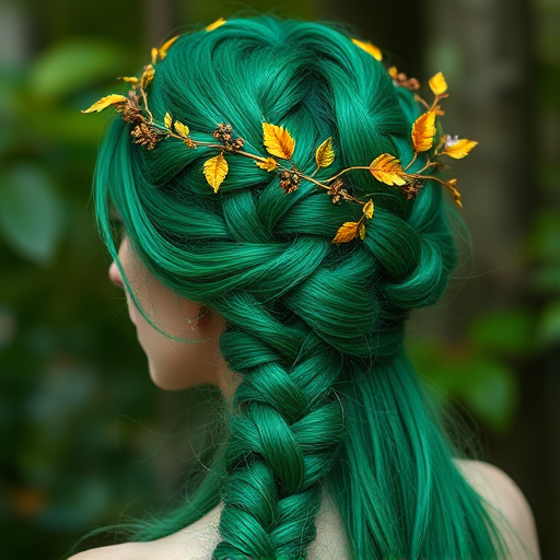 Vibrant emerald green hair arranged in an intricate fishtail braid crown, adorned with tiny golden leaves and vines, embodying a mystical forest nymph aesthetic named Enchanted Canopy