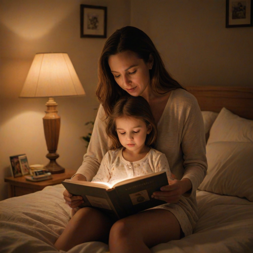 Warm, intimate photo of a mother and child reading a bedtime story in a softly lit room, soft glow from a nearby lamp casting warm shadows, with the pages of the book illuminated in soft light.