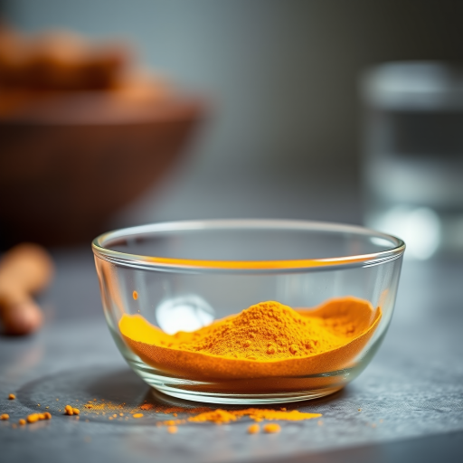 Generate an image of a small glass bowl filled with vibrant turmeric powder, captured with a Canon EOS 5D Mark IV at f/2.8, ISO 100, 50mm lens, with a shallow depth of field effect and natural lighting to enhance texture and color detail.