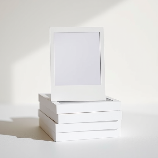 Create a clean and minimalistic image of stacked blank polaroid frames with a soft gradient background, shot with a Canon EOS R5, 50mm lens, f/1.8 aperture, ISO 100, and soft natural lighting.