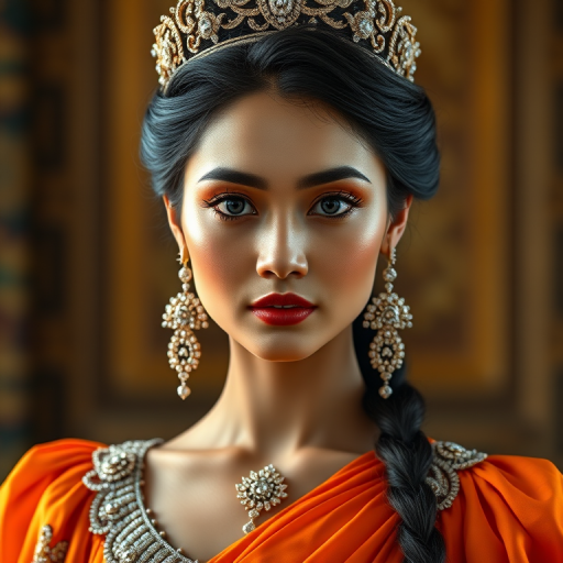 A gorgeous Bhutanese woman in a luxurious orange gown, accessorized with a dazzling tiara and statement earrings, her deep blue eyes highlighted by impeccable makeup, poised in a royal setting, photorealistic, 8K quality