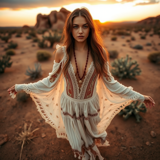 Desert setting, bohemian model, flowy dresses, earthy tones, rustic sunset effect,  equipped with a 12mm lens to capture an overhead view of the model, emphasizing symmetry and spatial positioning