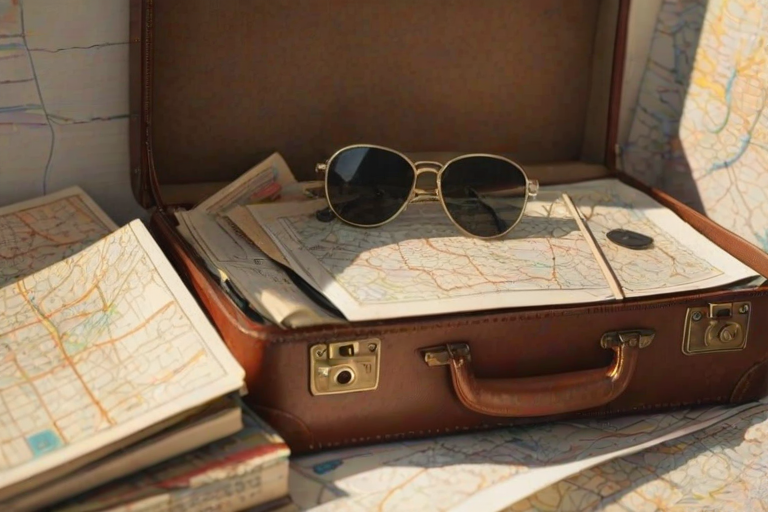 Close-up of a vintage suitcase packed with travel essentials, soft light illuminating postcards, a map, and a pair of sunglasses resting on top.
