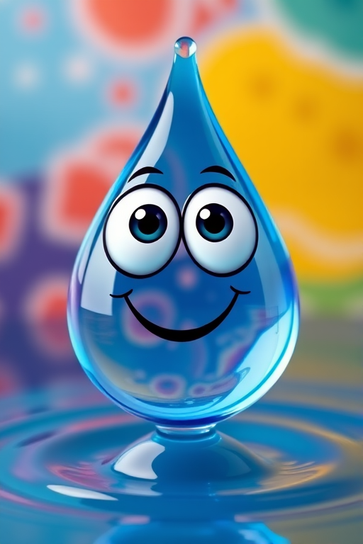 Generate a bright, cartoon-style blue water droplet with large expressive eyes and a friendly smile, captured using a DSLR camera with a 50mm lens at f/2.8, 1/200s, ISO 100, in a colorful and playful setting, ensuring vibrant colors and smooth gradient.