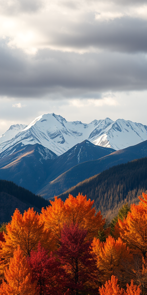 Generate a high-resolution landscape photo of snow-capped mountains with vibrant autumn foliage in the foreground, shot with a Canon EOS R5, 24mm lens, f/8 aperture, ISO 100, natural light, with a focus on depth of field and dynamic range to enhance color contrast.