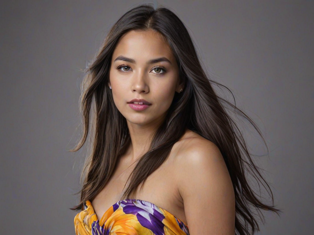 Photographic image of a beautiful young First Nations woman, blue eyes, lips with Yellow lipstick, long hair fluttering in the wind and wearing a silk strapless dress with a soft purple and orange print. monochrome image with only color highlights in the iris of the eyes, lipstick and dress. Gray background.
