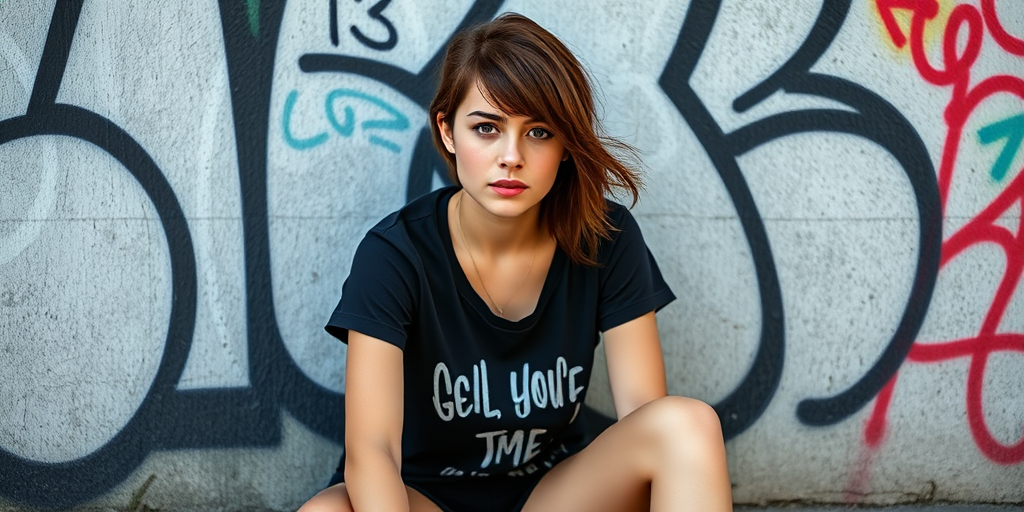 Portrait of a young woman with a edgy style, sitting against a graffiti-covered wall, wearing a black graphic t-shirt and shorts, with a focused expression, natural light, f/2.8 aperture, 50mm lens, ISO 100, shallow depth of field, DSLR camera.