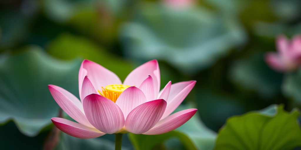 photograph of a pink lotus flower in full bloom surrounded by green leaves, taken with a shallow depth of field, using a DSLR camera with a 50mm f/1.8 lens, aperture at f/2.8, ISO 200, natural soft lighting, focusing on the flower with a blurred background for enhanced visual appeal