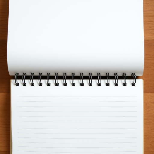 a high-quality image of an open spiral notebook with blank lined pages, top-down view, soft natural lighting, ISO 100, aperture f/4, shutter speed 1/60 seconds, DSLR camera, shallow depth of field, minimalist style.