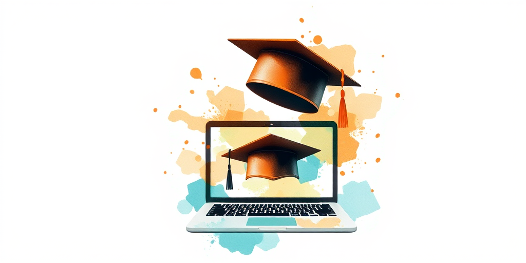 Create a digital illustration of a graduation cap above a laptop with a graduation cap on the screen, using watercolor splash effects in orange and teal, taken with a DSLR camera at f/8 aperture, ISO 100, 35mm lens, shot from a slight overhead angle for a dynamic perspective.