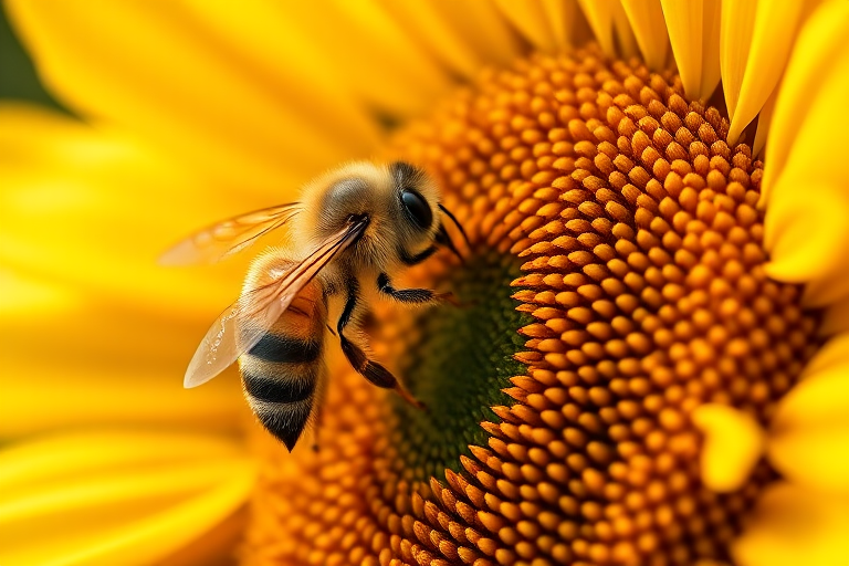 Sharp, high-resolution close-up of a honeybee collecting nectar from a sunflower, soft sunlight reflecting off the petals, tiny details of the bee's wings visible, and the smell of fresh blooms filling the air.