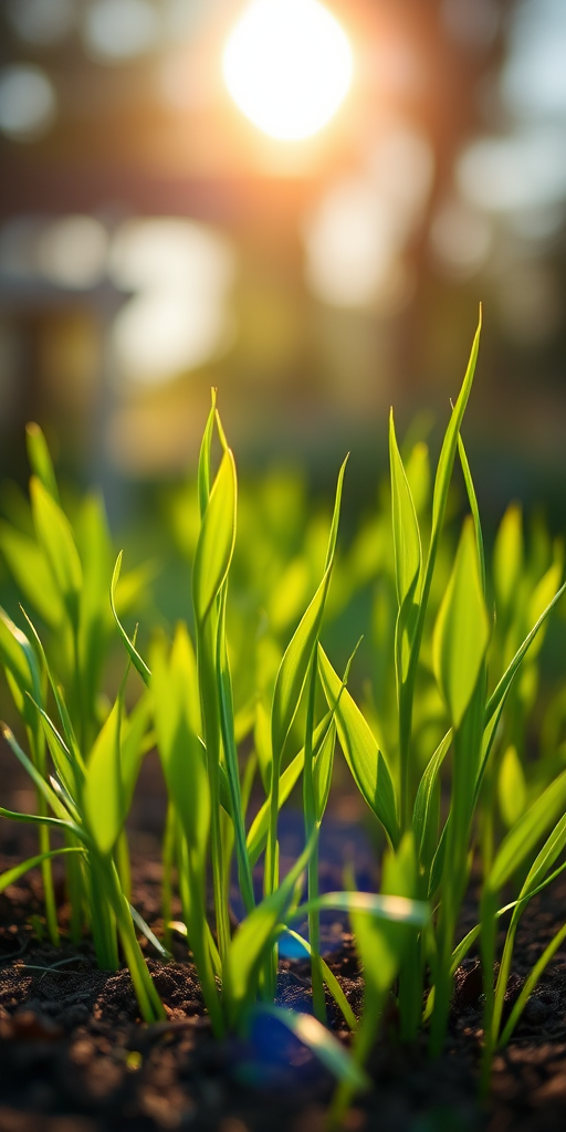 Regenerate the image of vibrant green plants growing from the ground with a bright sun in the background, using a Canon EOS R5, 50mm lens, f/1.8 aperture, ISO 100, with a soft focus style and vibrant colors for a high-quality digital illustration.