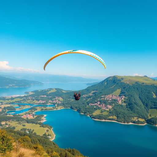 Generate a high-resolution image of a paraglider soaring over a lush green landscape with a clear blue lake and a picturesque village in the background, using a Canon EOS R5 with a 24-70mm f/2.8 lens, set to ISO 100, aperture f/8, shutter speed 1/500 sec, landscape orientation, and enhanced vibrancy for rich colors.