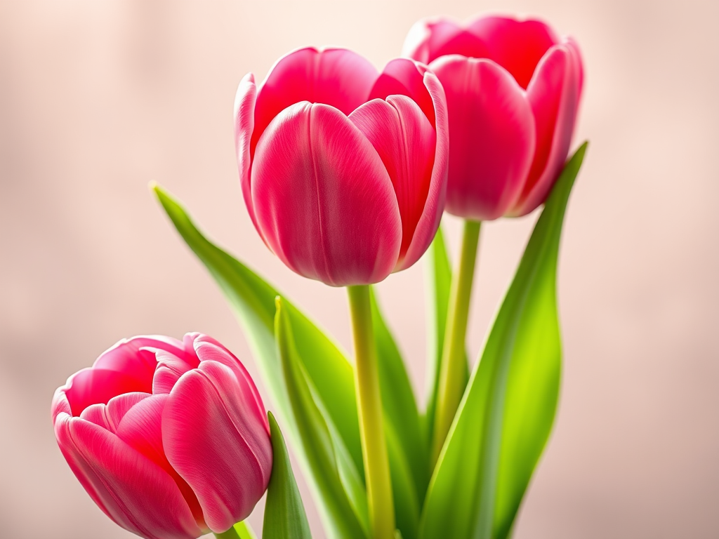 Create a high-resolution illustration of three vibrant pink tulips with green leaves, using a macro lens, aperture f/2.8, ISO 100, with a focus on the flowers against a softly blurred background, capturing fine details and rich colors.