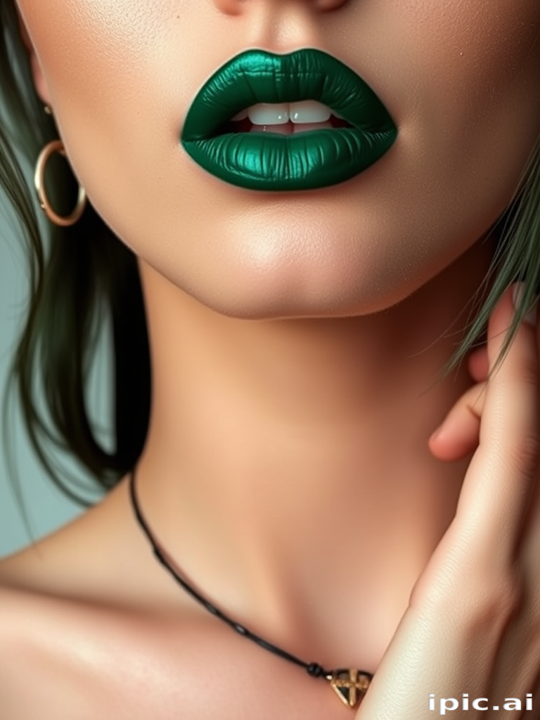 Deep emerald green lips named "Forest Whisper" present a bold and unconventional look with a satin finish, perfect for avant-garde fashion and creative self-expression